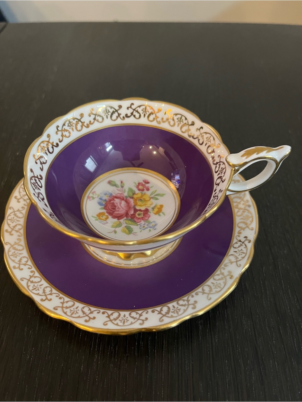 Royal Stafford Bone China Teacup and Saucer in Rare Royal Purple and Gold